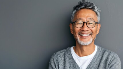 Fototapeta premium Friendly and confident senior Asian man, smiling at the camera, glasses and casual outfit, plain gray backdrop, detailed and approachable portrait