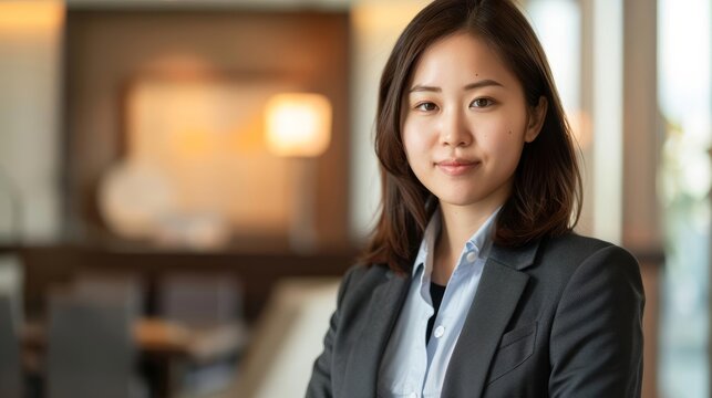 Elegant young Asian businesswoman in a formal blazer, confidently posing in an upscale office, warm and inviting background