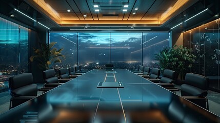 A high-tech conference room with a large interactive touch screen, sleek table, and comfortable chairs. The room is equipped with advanced audio-visual equipment for seamless meetings.
