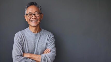 Senior Asian man with a warm smile and confident expression, arms crossed, wearing glasses, simple gray backdrop, clear and engaging portrait
