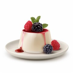 A delicate panna cotta dessert with fruit garnish, Italian cuisine, realistic, isolated on white background