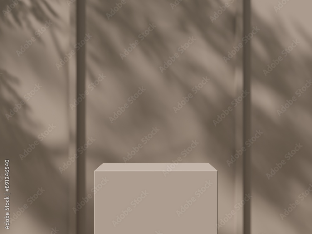 Poster abstract background minimal style. tree shadow on concrete wall with brown empty podium for products