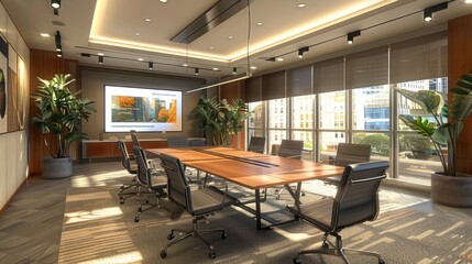 A high-tech conference room with a large interactive touch screen, sleek table, and comfortable chairs. The room is equipped with advanced audio-visual equipment for seamless meetings.