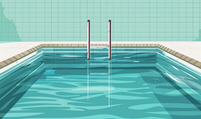 Obraz premium A pool with a ladder and a blue tile floor. Free copy space for text.