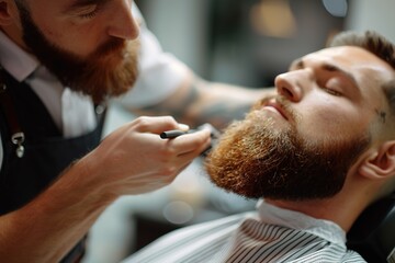 Bearded man getting beard trimmed at barbershop.
