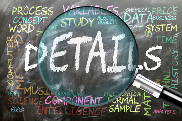 Details being studied, examined - under close inspection. Most important subjects and ideas closely related to details written on a blackboard inspected by a magnifying glass. ,3d illustration