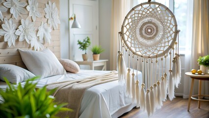 White dream catcher hanging in a cozy bedroom with wooden decor