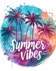 Abstract watercolor painted splash shape with palm tree silhouettes. Travel concept. Summer vibes - calligraphy lettering text