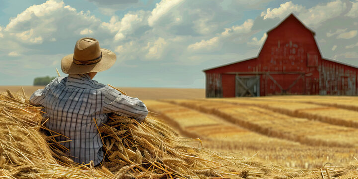 A farmer rests on a pile of harvested wheat, her arms crossed, with a red barn in the background.