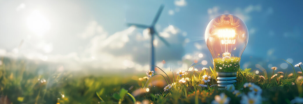 concept clean energy and saving power in nature. solar panel with wind turbine. small tree and lightbulb