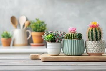 Fototapeta premium A collection of potted succulents and cacti arranged on a wooden tray, creating a vibrant and stylish indoor garden scene.