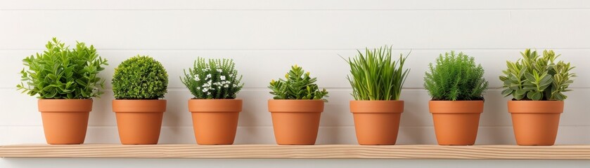 Fototapeta premium A row of seven potted green plants in terracotta pots on a wooden shelf against a plain white background, showcasing minimalistic indoor garden decor.