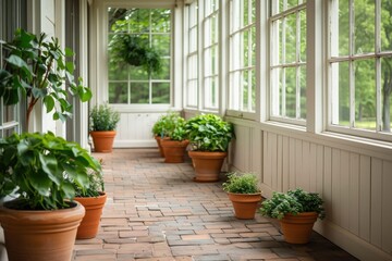 Fototapeta premium Bright sunroom with large windows and green potted plants on a brick floor, creating a serene and inviting atmosphere.