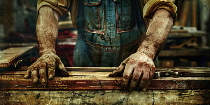Sturdy Hands, Secure Future: A carpenter carefully measures wood planks on a workshop floor, his tools arranged neatly around him.