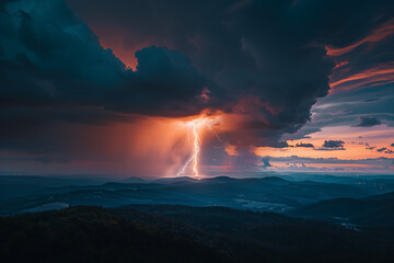 Dramatic photo of lightning during a thunderstorm, capturing the powerful and awe-inspiring natural phenomenon with bright flashes illuminating the dark sky.