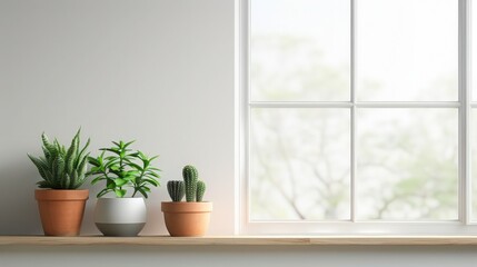 Fototapeta premium Minimalist interior design with potted green plants on a wooden shelf by a large window, creating a serene and natural atmosphere.