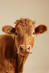 A close up of a dutch brown cow on a blank light beige background