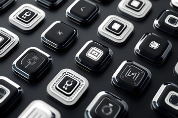 Obraz premium Close-up of sleek futuristic app icons on reflective black surface representing modern technology
