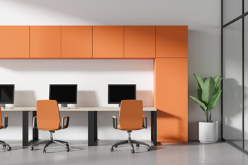 Fototapeta premium Colored office workspace interior with pc computers on desks with chairs