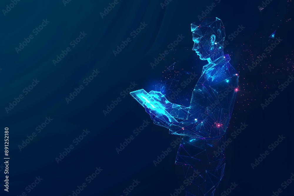 Wall mural digital ai concept: abstract human figure composed of blue, glowing lines, analyzing a tablet.