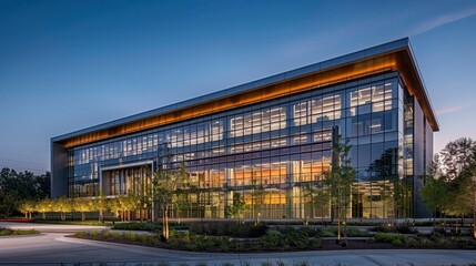 Obraz premium A corporate headquarters with a facade designed to optimize natural light and reduce energy consumption, demonstrating a commitment to green building practices.