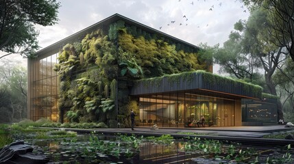 Obraz premium A museum with a facade featuring living walls and rainwater harvesting systems, blending cultural heritage with modern sustainable practices.