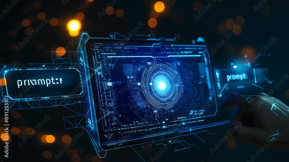 Poster futuristic digital interface with holographic computer screen depicting advanced technology and cybe