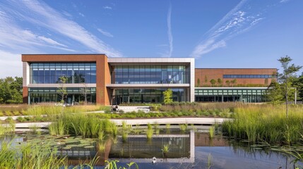 Obraz premium A research laboratory with a facade designed to maximize energy efficiency and minimize environmental impact, reflecting a commitment to green building practices.