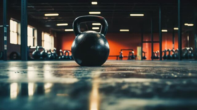 Moody Gym Scene with Kettlebell on Dark Fitness Room Floor, Perfect Setting for Strength Training and Personal Health Focus, Evening Workout Ambiance, Rows of Dumbbells in Background