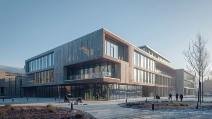 A university building with a facade that uses advanced materials to reduce energy consumption and enhance natural lighting, promoting sustainable practices in education.