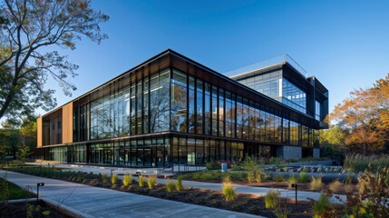 Fototapeta premium A university building with a facade that uses advanced materials to reduce energy consumption and enhance natural lighting, promoting sustainable practices in education.