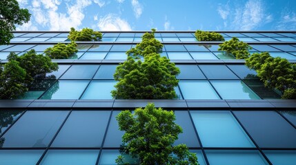 An office building with a facade designed to optimize energy efficiency and natural light, showcasing modern green building practices.