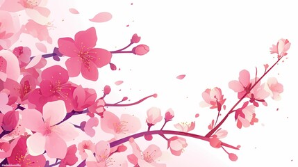 Fototapeta premium Pink flowers, pink cherry blossoms, simple lines, white background, vector illustration style, flat design, hand drawn cartoon line drawing, generated AI