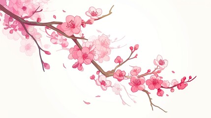 Fototapeta premium Pink flowers, pink cherry blossoms, simple lines, white background, vector illustration style, flat design, hand drawn cartoon line drawing, generated AI