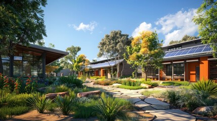 Obraz premium A community center with a facade featuring solar panels and natural materials, emphasizing the role of sustainability in communal spaces.