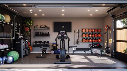 Smart home garage gym with connected fitness equipment and virtual training programs