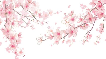 Fototapeta premium Pink flowers, pink cherry blossoms, simple lines, white background, vector illustration style, flat design, hand drawn cartoon line drawing, generated AI