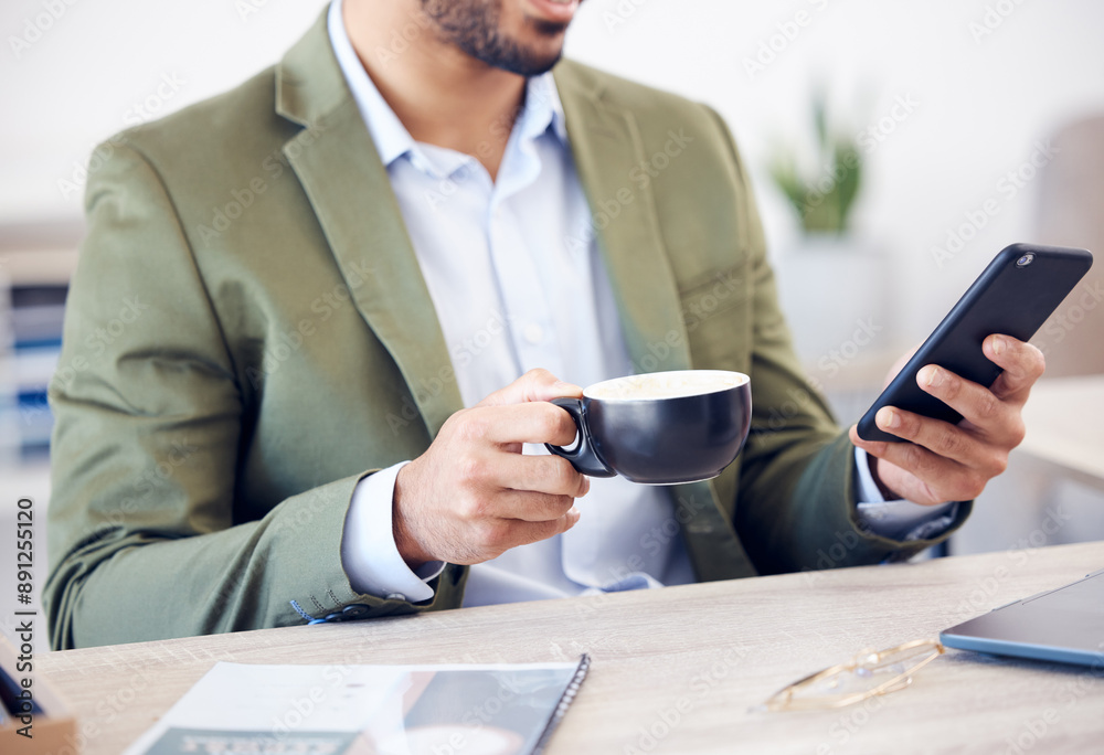 Poster Coffee cup, phone and hand of man in office checking email, online chat or business schedule. Advisor, consultant or businessman with drink, smartphone and scroll on mobile app for networking at desk