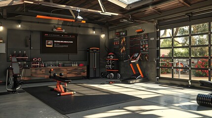 Smart home garage gym with connected fitness equipment and virtual training programs