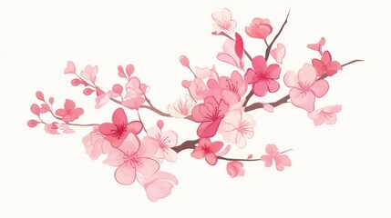Naklejka premium Pink flowers, pink cherry blossoms, simple lines, white background, vector illustration style, flat design, hand drawn cartoon line drawing, generated AI