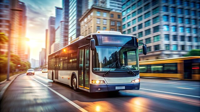 Modern public transportation bus driving through city street at sunset