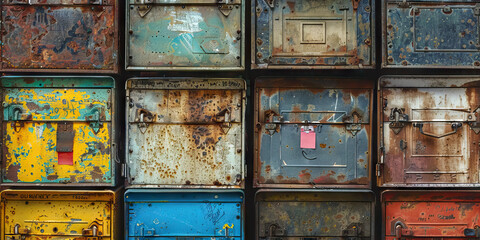 A row of dilapidated toolboxes, each adorned with a faded sticker representing a different skill.