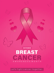 Breast cancer awareness vertical template design, pink awareness ribbon with hearts and butterfly vector illustration.