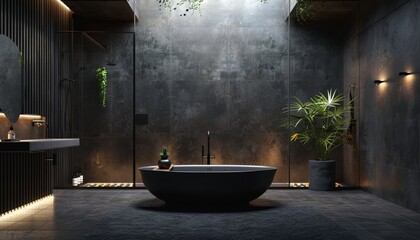 Elegant Contemporary Bathroom with Dark Tiles and Minimalist Freestanding Tub