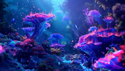 Fototapeta premium Vivid Underwater Realm with Neon Colors and Surreal Plant-Like Fantastical Organisms