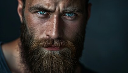 Obraz premium Close-Up Portrait of Handsome Bearded Man on Dark Background, Copy Space