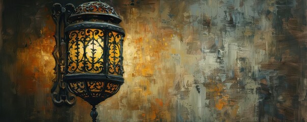 Intricate iron lantern, showcasing detailed craftsmanship and ornate designs, illuminated by a warm, soft glow, set against a rustic background, oil painting technique