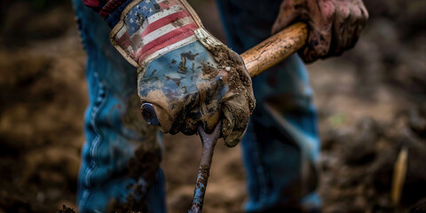 Tireless Pulse of the American Worker: A close-up of calloused hands gripping a shovel, reflecting the unwavering determination of the American spirit.