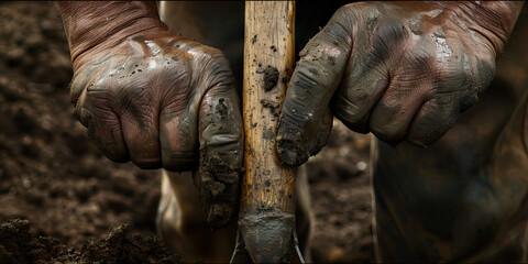Tireless Pulse of the American Worker: A close-up of calloused hands gripping a shovel, reflecting the unwavering determination of the American spirit.