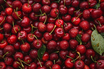 Red cherries with droplets of water covering their glossy surfaces. Cherry banner. Cherries background. Close-up food photography